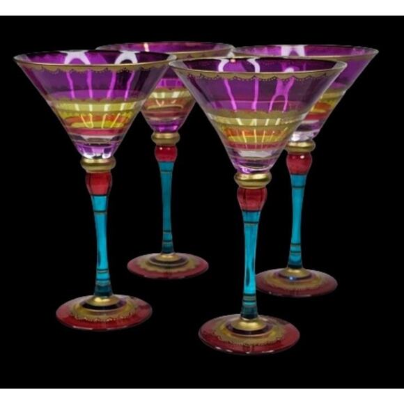 4 Pier 1 Festive Martini Glasses Blown Colorful Purple Stripe Gold Accent 8" Set - Picture 7 of 14